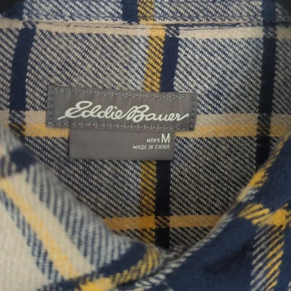 Eddie Bauer Men's Blue Yellow Tan Plaid Flannel Button Down Shirt Medium - Picture 4 of 8